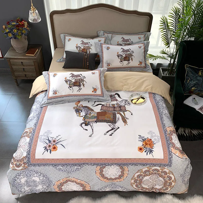 Juego de cama de algodón egipcio de lujo de gama alta Caballo exquisito Impreso Funda nórdica Sábana ajustable / Juego de sábanas King Queen Size 4 piezas T200706