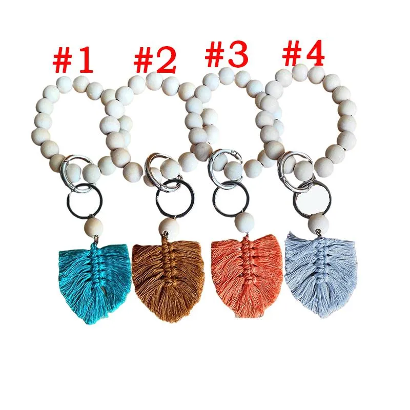 Party Wooden Bead Bracelet Keychain Pure Wood Color Car Chain Cotton Tassel Keyring with Alloy Ring Wood Beaded Decoration Pendant