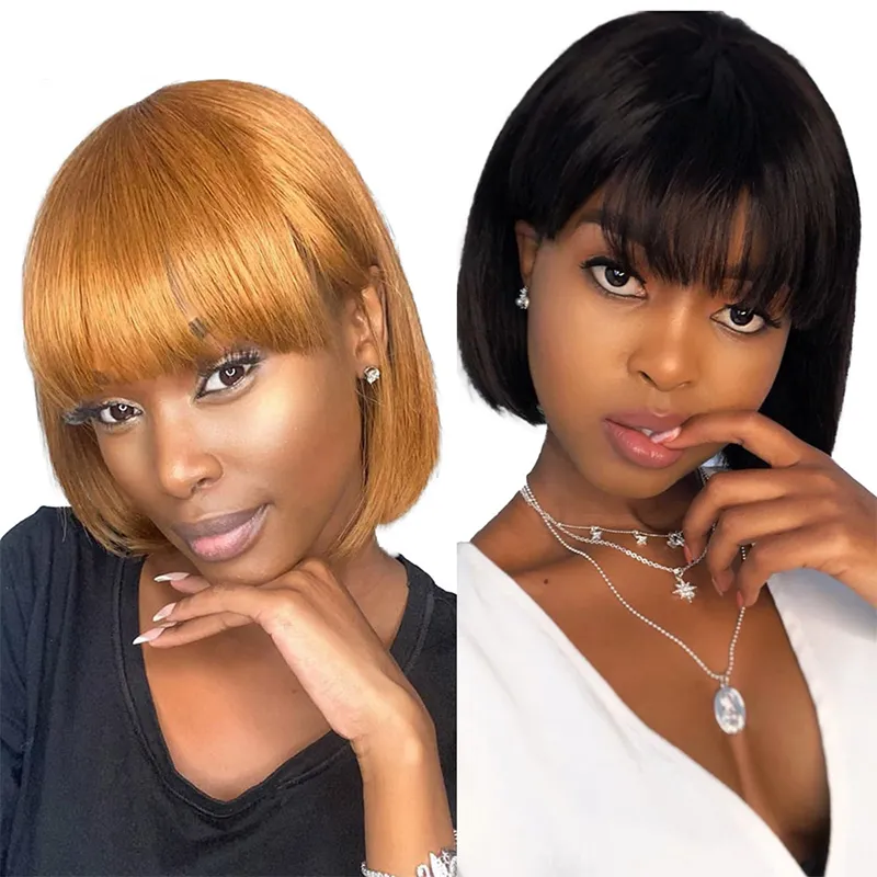 Miel Blonde Couleur Droite Court Bob Pixie Coupe Machine Dentelle Perruques Avec Une Frange Pour Les Femmes Noires Pas Cher Perruque De Cheveux Humains