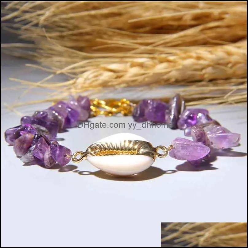 Shell Charm Amethysts Bracelets Quartzs Reiki Metion Metal Chain Natural Stone Chips Bangl For Women Girl Jewelry