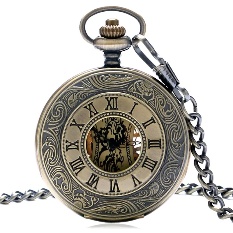 Steampunk Bronze Cobre Mecânica Bolso Relógio de Esqueleto Números Roman Pingente Vintage Relógios com 30cm Presentes Cadeia P839C T200502