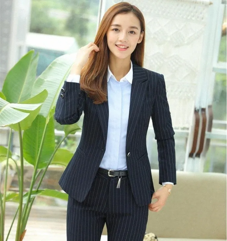 High Quality Fiber Formal Dark Blue Striped Blazers Women Jackets