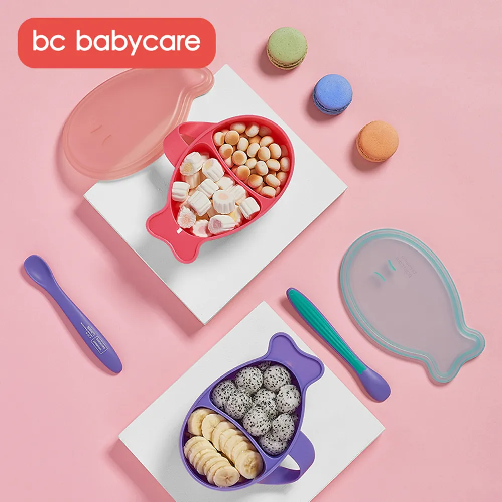 BC Babycare Bebê Portátil Dividido Dividido Tigela Com Correspondência De Colher Infantil Toddles Alimento Alimento Caixa Dupla Slots Bebê Alimentando Bacia LJ201221