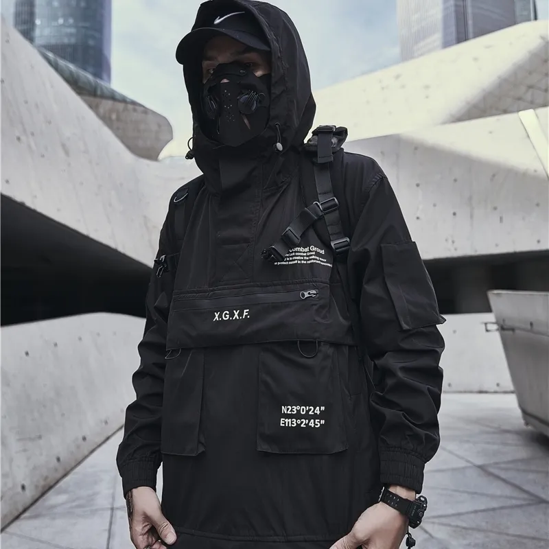 Techwear Kurtka Mężczyźni Czarne Z Kapturem Multi Kieszenie Anorak 201103