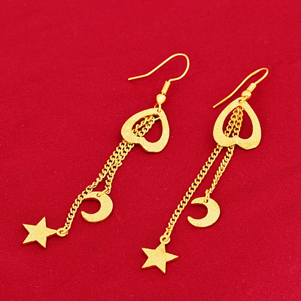 Long Tassel Star Moon Design Dangle Boucles d'oreilles Femmes Bijoux 18K Jaune Gold Fashion Femme Cadeau Femelle