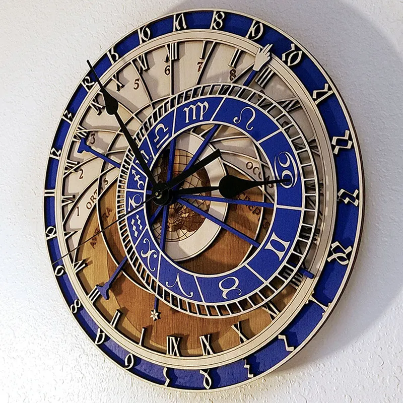 Kreativ Prag astronomisk trä vardagsrum vägg kvarts hem decoratio wood clock mute 201118
