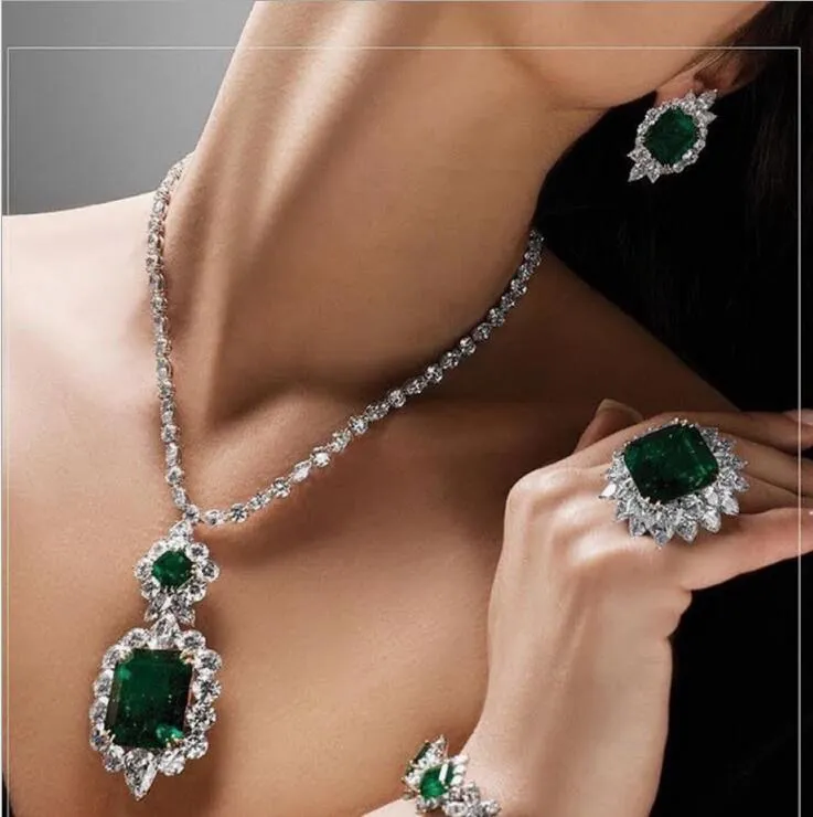 Choucong Brand New Unique Luxury Bridal Jewelry Set 18K White Gold Fill Emerald Gemstones Wedding Party Stud Earring Tennies Necklace Gift