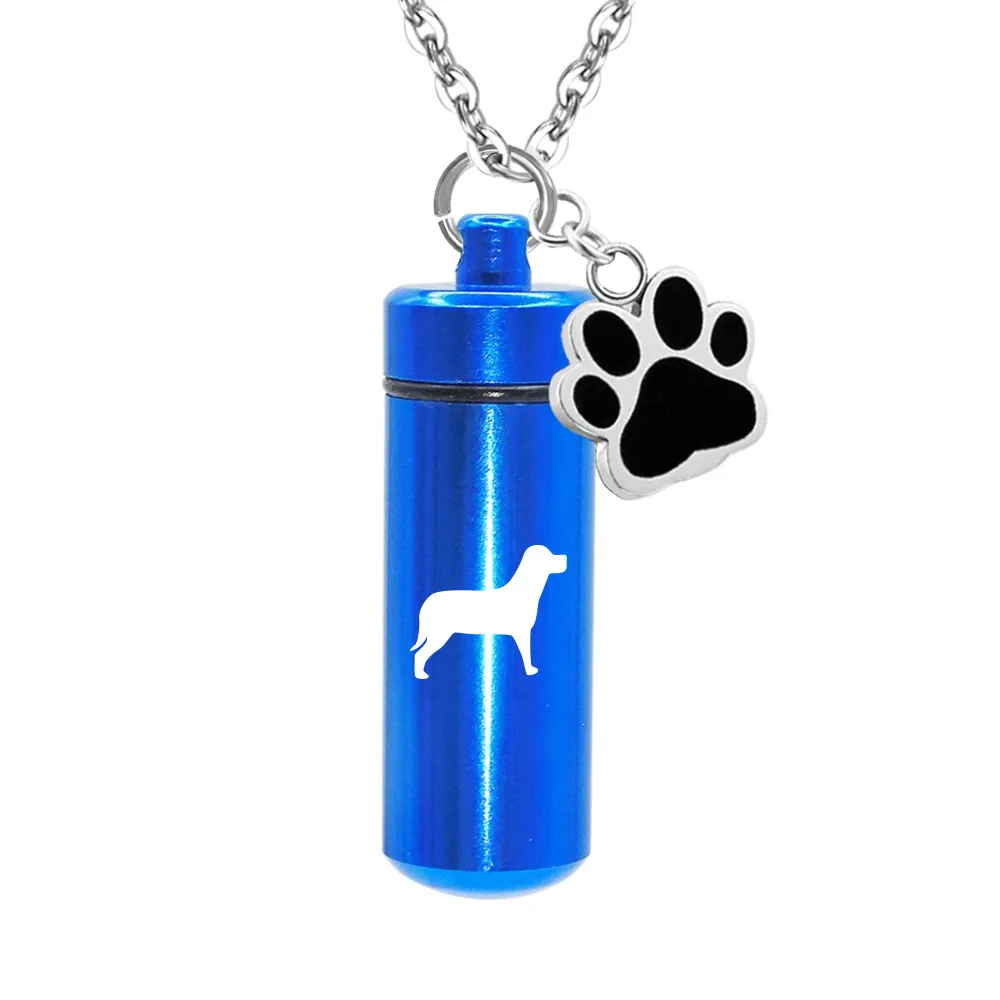 Aluminium Alloy Pet Dog Paw Charm Cylinder Urn Halsband För Ashes Minnesmärke Keepsake Hänge Cremation Smycken med Fill Kit