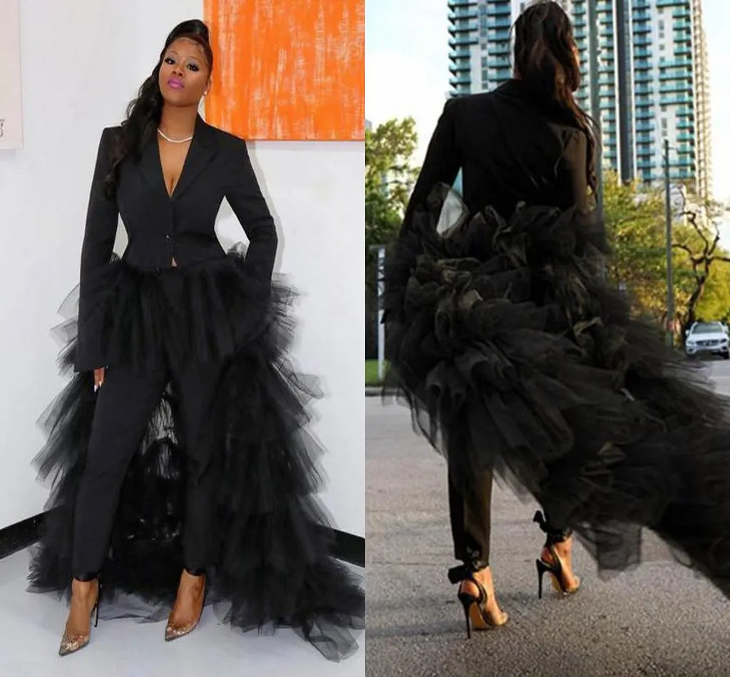 Classic Black African Girls Blazer Pants with Detachable Train Sexy V Neck Tiered Tulle Skirts Celebrity Evening Gowns Long Sleeves Red Carpet Formal Wear AL8556