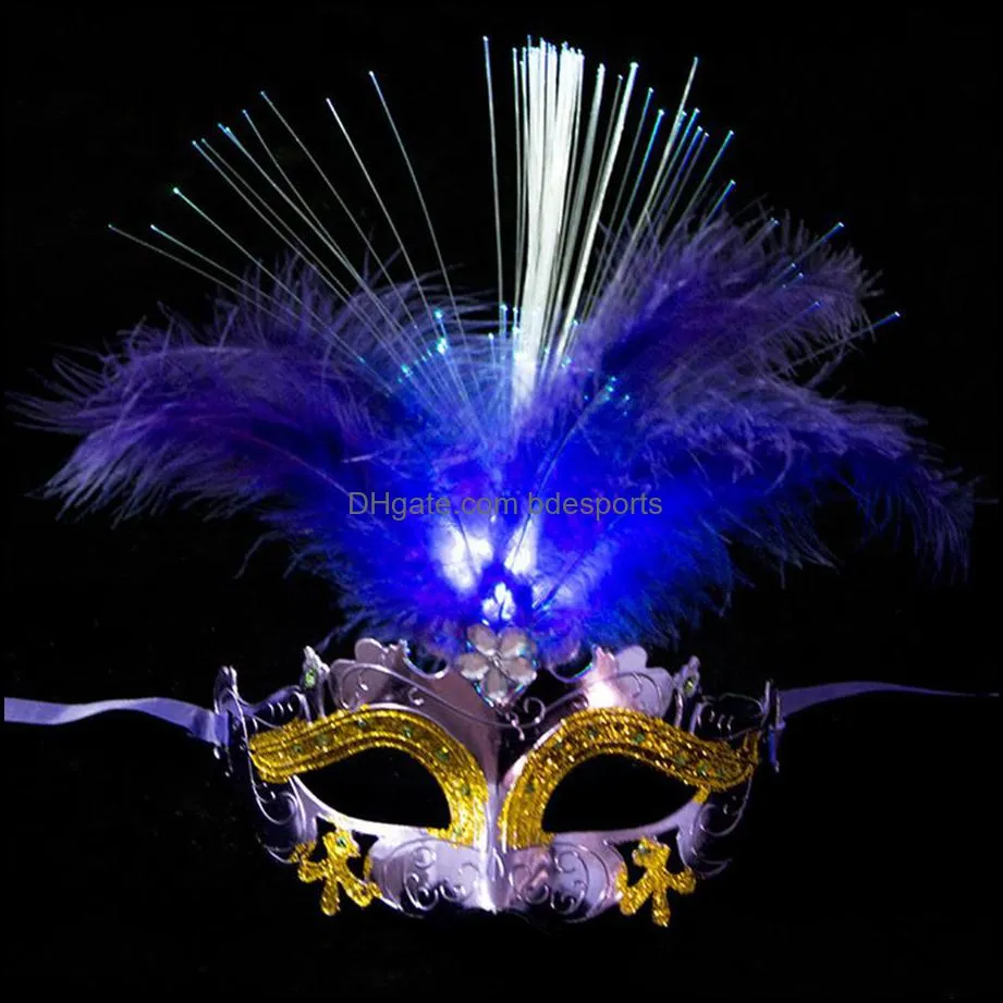 LED Halloween Party Flash Glowing Feather Mask Mardi Gras Masquerade Cosplay Venetian Masks Halloween Costumes Gift189N