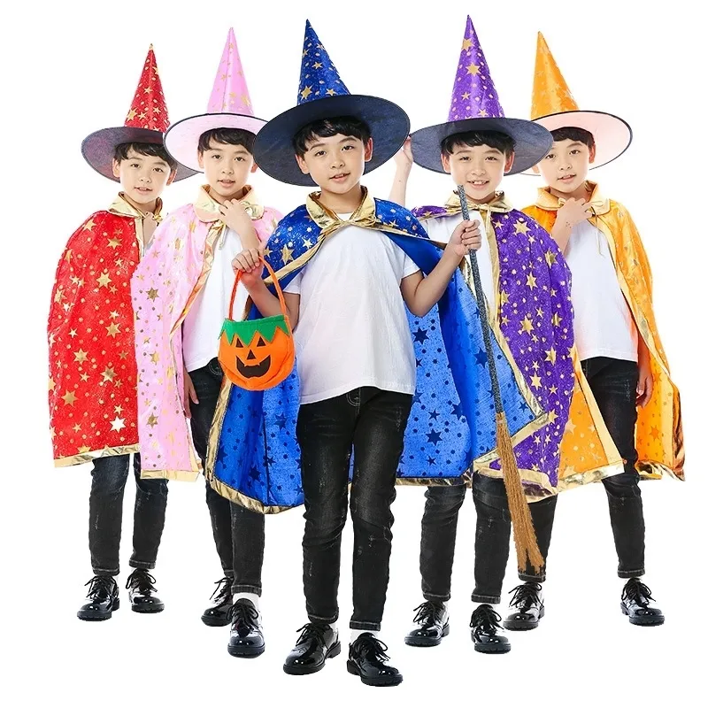 2pcs/set Halloween Cape Cloak Hood+Witch Hats Children Performer Magician Wizard Hot Stamping Five Star Cloak Cape Poncho Hat Set