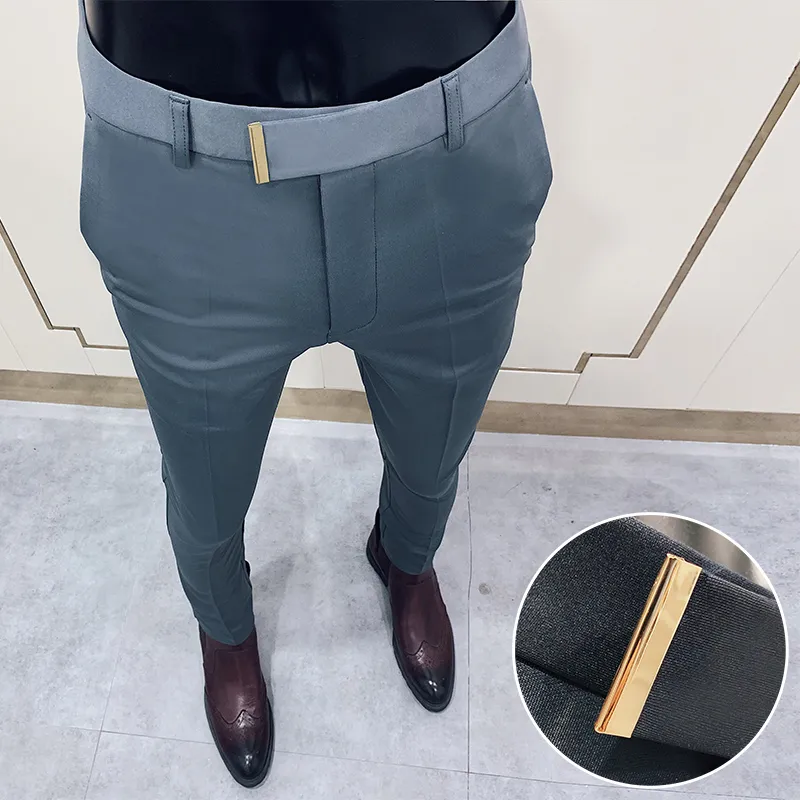 Business Suit Pant Mens Dress Pants Ankle Length Casual Slim Formal Trousers Elastic Pencil Pants Office Work Men Clothes 201027