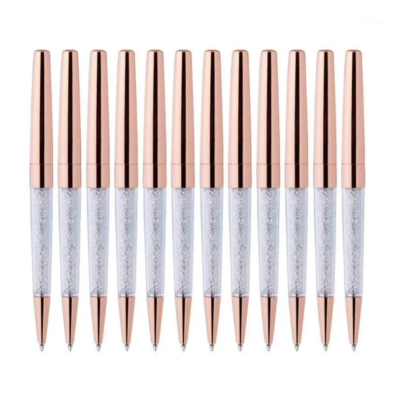 100 stks / partij Rose Gold Pen Bling Diamond Pennen Fijn Zwart Inkt Crystal Ballpoint Pen Ring Bruiloft Kantoor Metalen Roller Ball Gift1