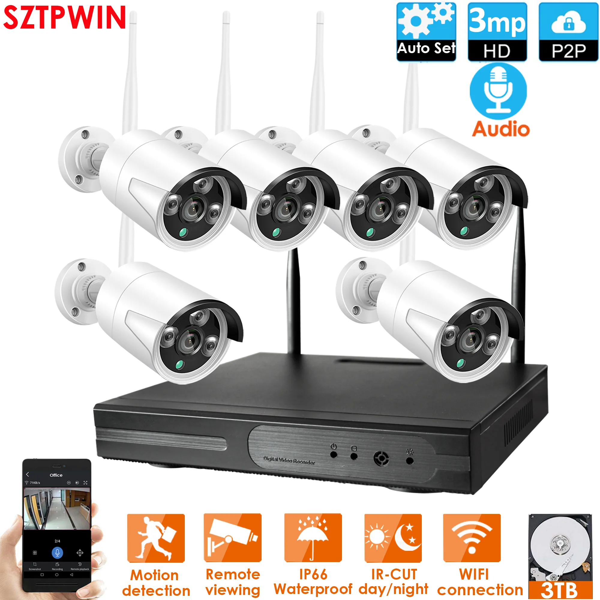 6ch 3.0mp HD Wireless NVR Kit P2P 1080p Outdoor IR Night Vision Security 3.0mp IP-kamera WiFi CCTV-system