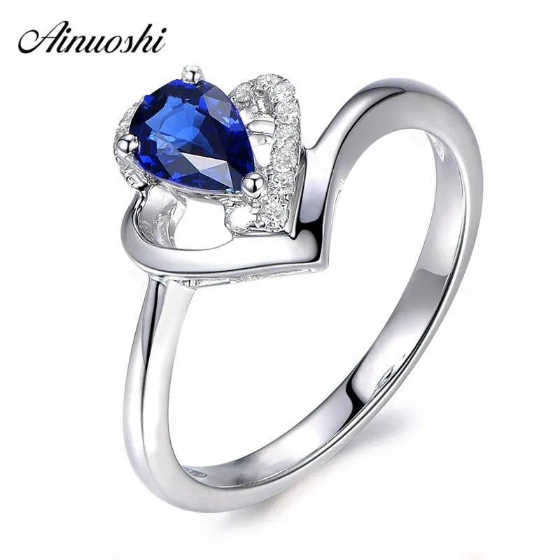 Ainuoshi 1 Carat Pêra Corte Azul Sona Nupcial Anéis 925 Sterling Silver Coração Forma Mulheres Gota de Água Anéis de Noivado de Casamento Y200106