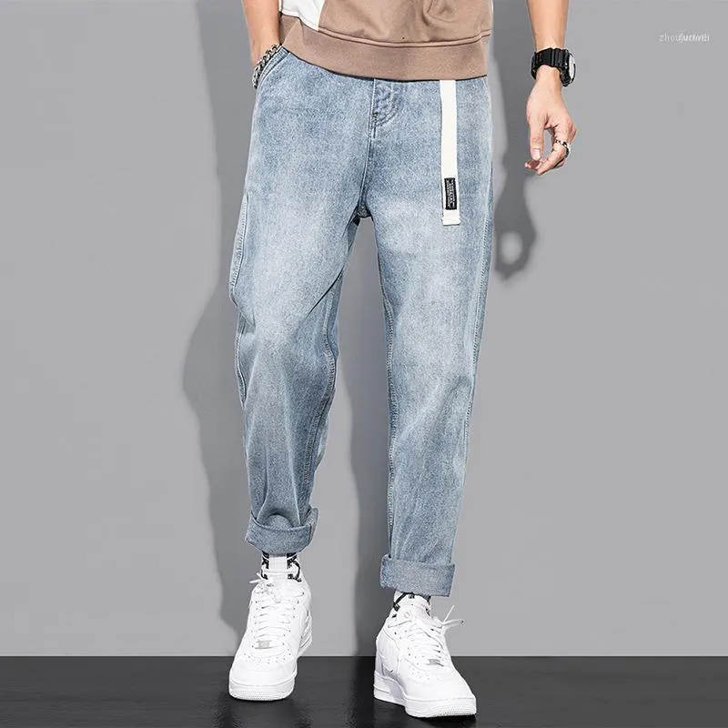 Heren jeans Koreaanse stijl mode mannen retro lichtblauwe losse fit casual denim harembroek hoge kwaliteit streetwear wide been broek1
