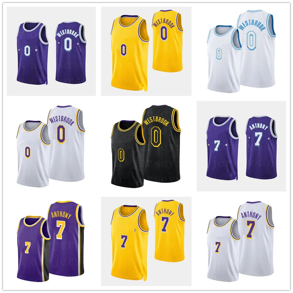 Mens Basketball Westbrook 0 Anthony 7 Logo de broderie cousu noir jaune blanc violet maillots usine en gros de haute qualité taille S-XXL