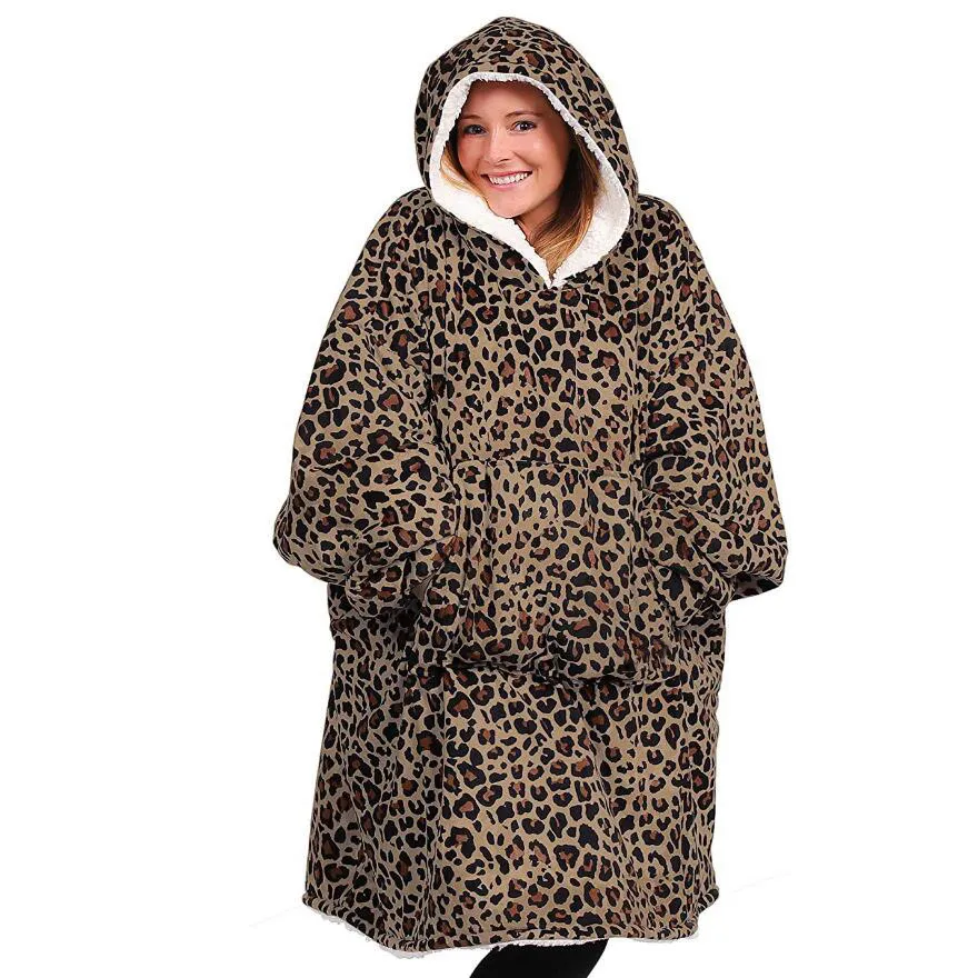 CozyHood Leopard Sherpa Blanket W/ Sleeves & Pocket Super Warm Adult ...