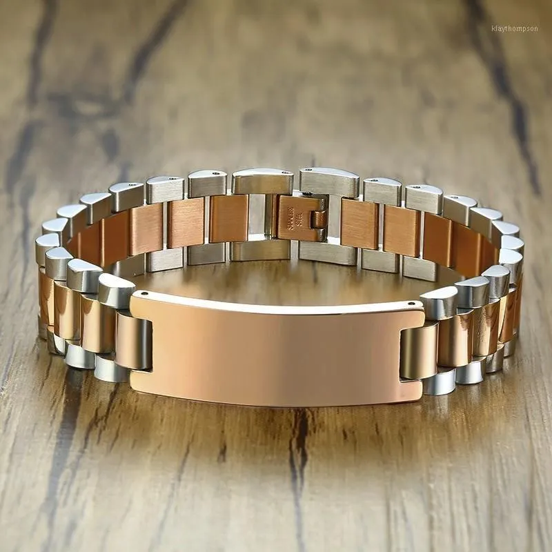 Gents Two Tone Rose Gold Tone President Style avec ID Tag Plaque Lien Bracelet Bracelet Inspiration Gravable Hommes Bijoux1