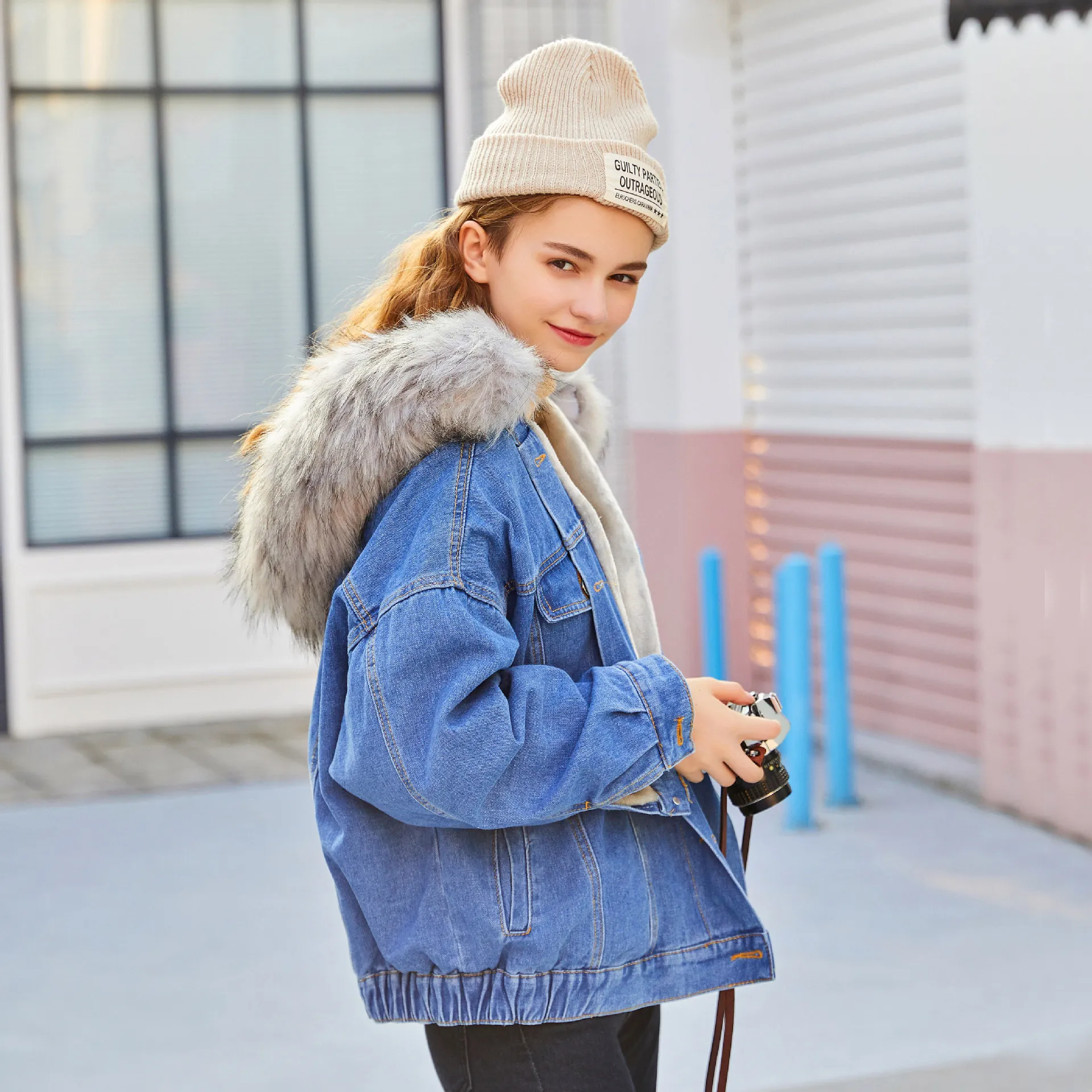 Oversized fur lined denim jacket shop