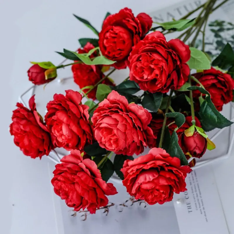 Simulering peony artificiell blomma hem bröllop vacker dekoration falska blomma plastblommor europeiska tre-headed peonys 20211222 Q2