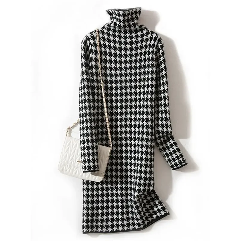 Jurk grote maat herfst en winter Koreaanse versie van de Houndstooth casual dikke warme high-hals gebreide bottoming 220308