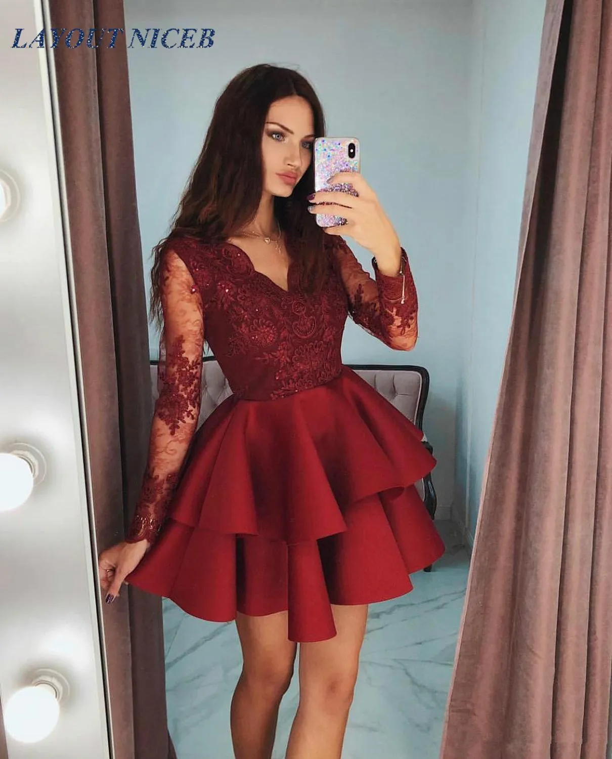 Ruffles Burgundy Satin Short Prom Dresses 2019 Modest Sheer Long