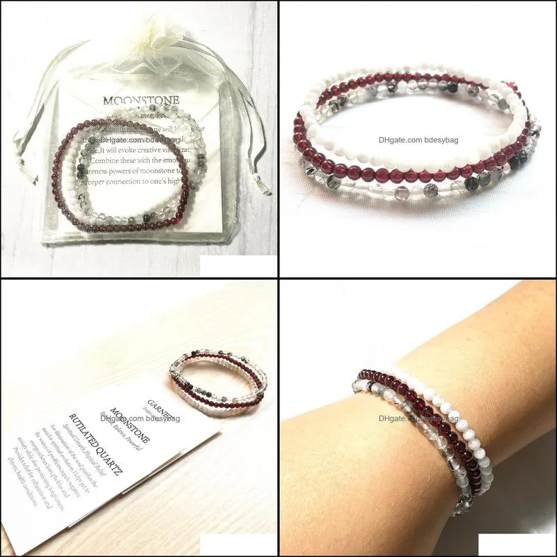 MG0128 A Grade Moonstone Garnet Bracelet Rutilated Quartz Yoga Mala Beads Bracelet 4 mm Mini Gemstone Jewelry Set