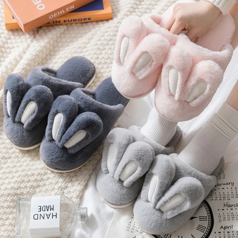 Mignon lapin pantoufle intérieur chaud femmes animal hiver fourrure maison chaussure femme fille antidérapant rose gris lapin fourrure maison pantoufles hommes Y200706