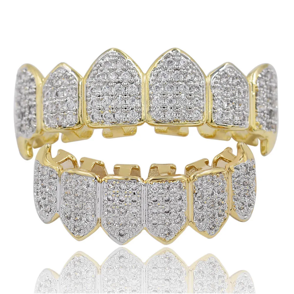 Europe and America Hip Hop Iced Out CZ Gold Teeth Grillz Caps Top Bottom Diamond Teeth Grillzs Set Men Women Grills318K