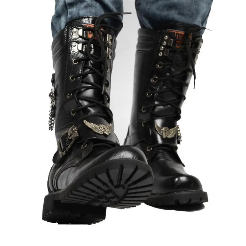 Fashion Motorcycle Cool Skull Combat Army Punk Goth Biker Boots Leather Men Shoes High Top Casual Boot 201127