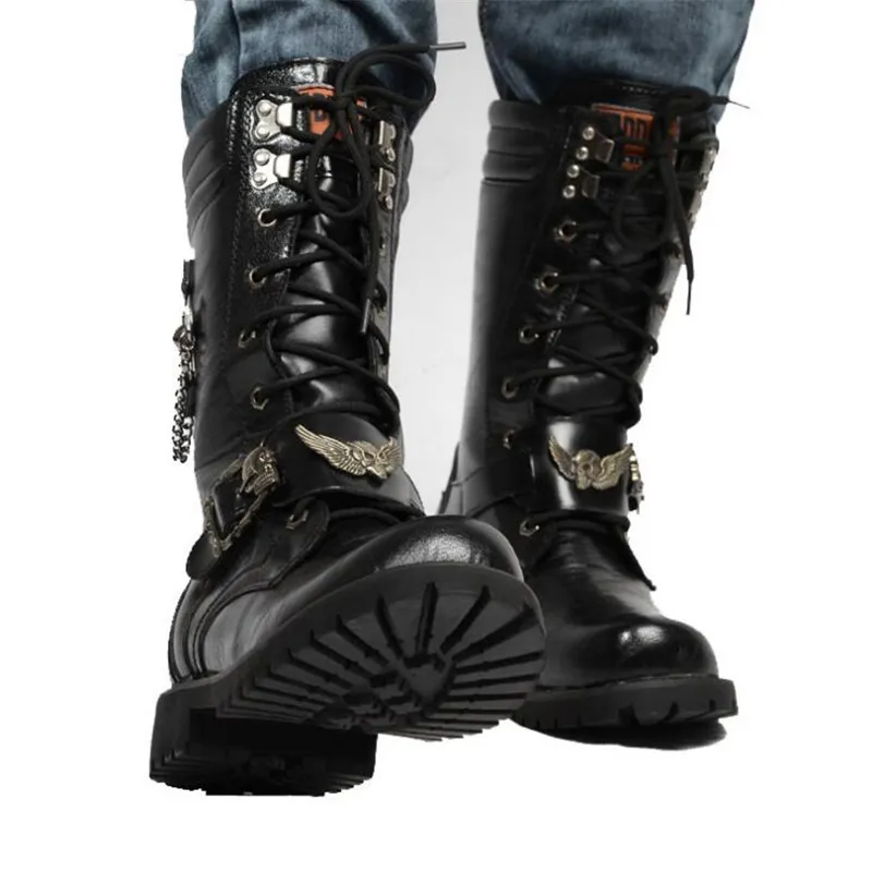 Moda Motorcycle Cool Czaszki Walki Armia Punk Goth Biker Buty Skórzane Mężczyźni Buty Wysokie Top Casual Boot 201127