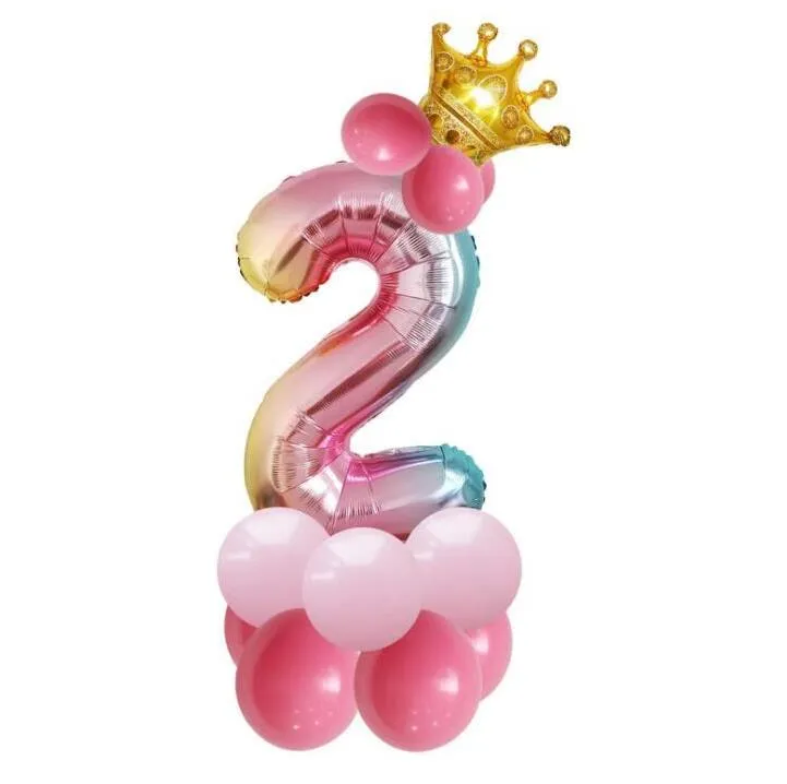 Balloons Rainbow Foil Number Balloon With Crown Wedding Anniversary Party Latex Balloon Kids Adult Metallic Balloons Decor Baloon HHE3871