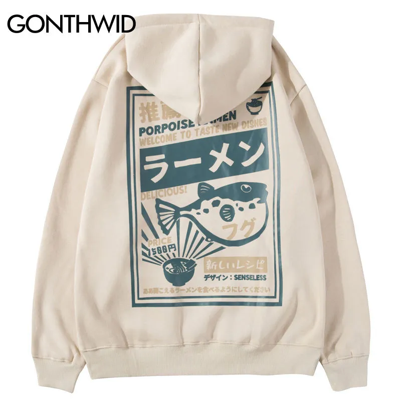 Gonthwid Puffer Fish Ramen Print Fleece Hoodies Hip Hop Casual Pullover Hooded Sweatshirt Män Harajuku Casual Fashion Streetwear C1011