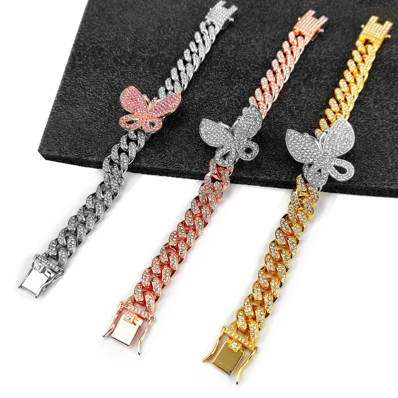 Bracelets de cheville papillon rose en diamant glacé pour femmes, chaîne de corps, bijoux en Zircon, lien cubain, bracelet de cheville en or et argent