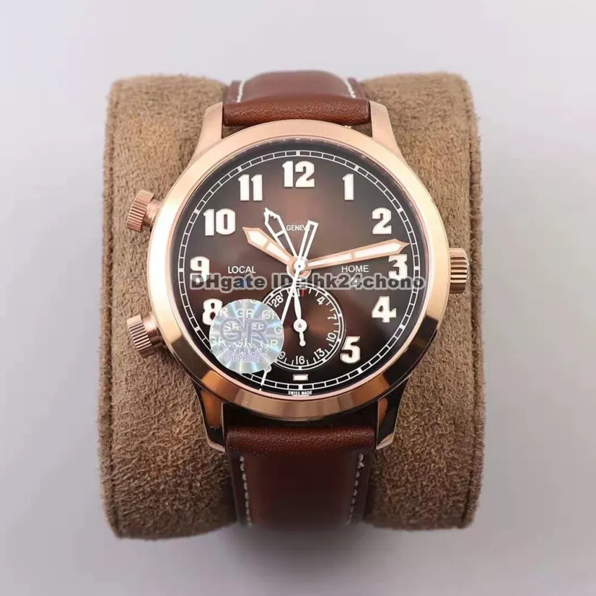 Gr 42mm Rose Gold Calatrava Pilot Restid Komplikationer Cal.324 S C Automatisk Mens Watch 5524R-001 Blue Dial Leather Strap Gents Klockor