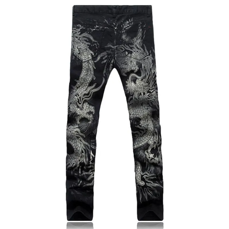 Мужские джинсы мужские брюки Slim Fit Fashion Dragon Print Печать мужского рисунка окрашенная джинсовая эластичная черная груза191D