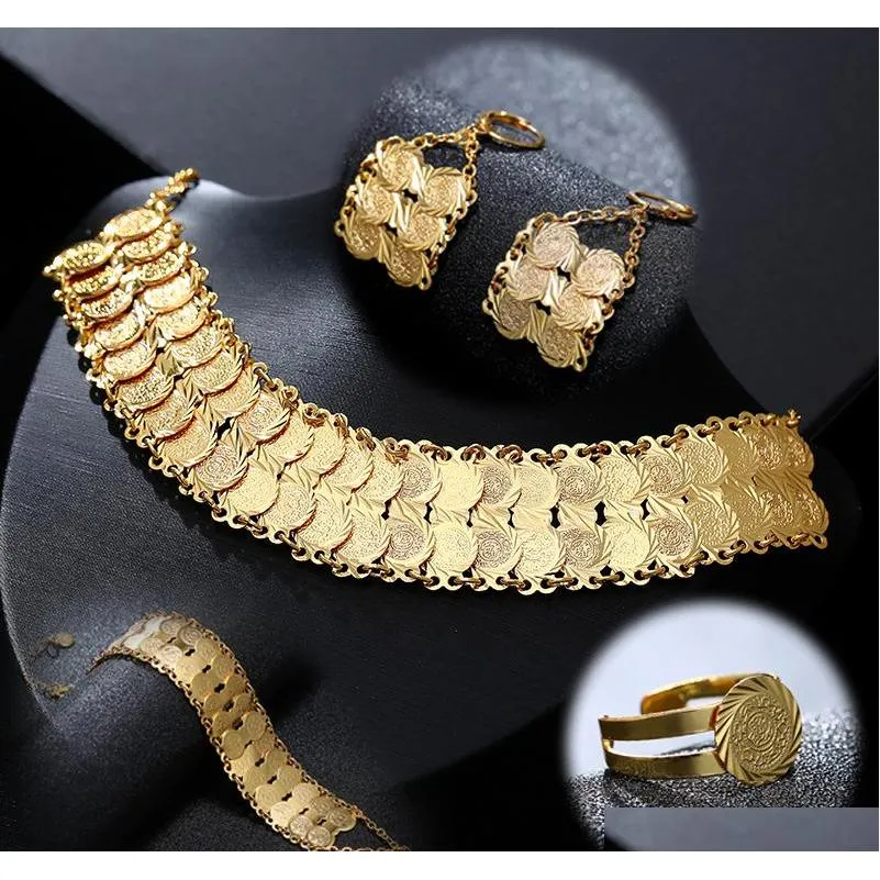 Exquisite Fashion Middle East Arab Bride Muslim Coin Necklace Earring Ring Bracelet Set Gold Color Wedding Jewelry Accessories Cqdax