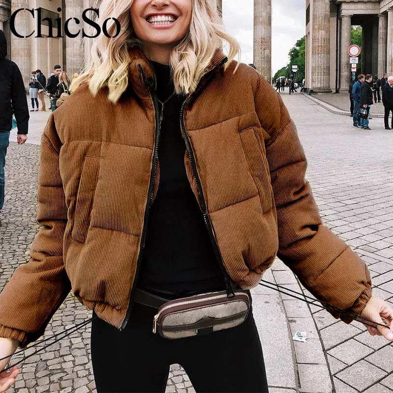 MissyChilli Casual Down Parka Veste Femme Manteau d'hiver Femme Kaki Streetwear Manteau court Vêtements de neige Corduroy Warm Outwear2020 201124