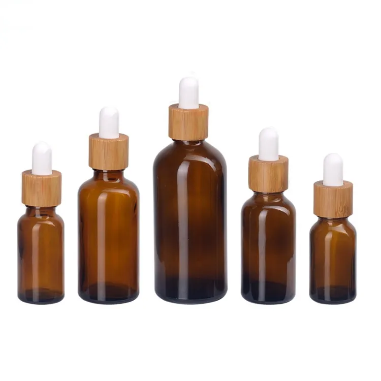 15ml 30ml Frosted Amber Glass Bottle Dropper med Bamboo Cap 1oz Wooden Essential Oil Bottles 50ml