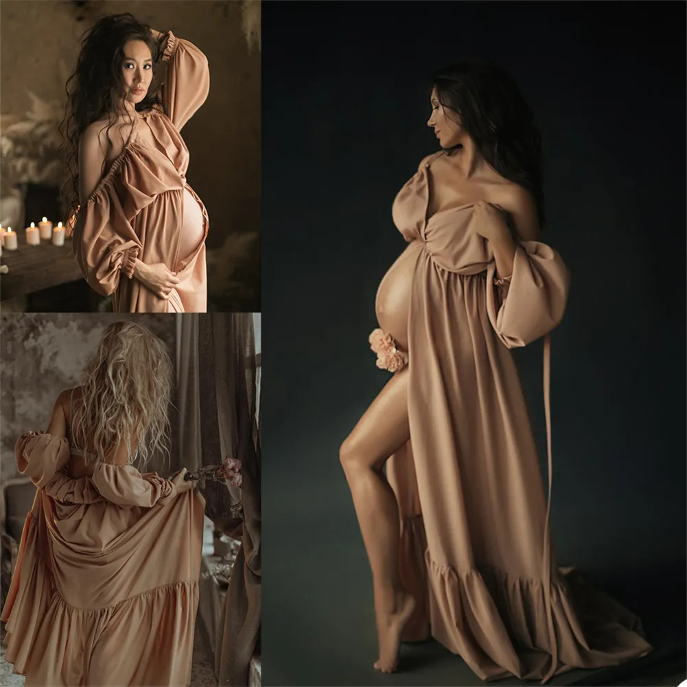 Satin Silk Night Robes Maternity Dress för Photoshoot eller Babyshower Foto Shoot Lady Sleepwear Bathrobe Sheer NightGowns