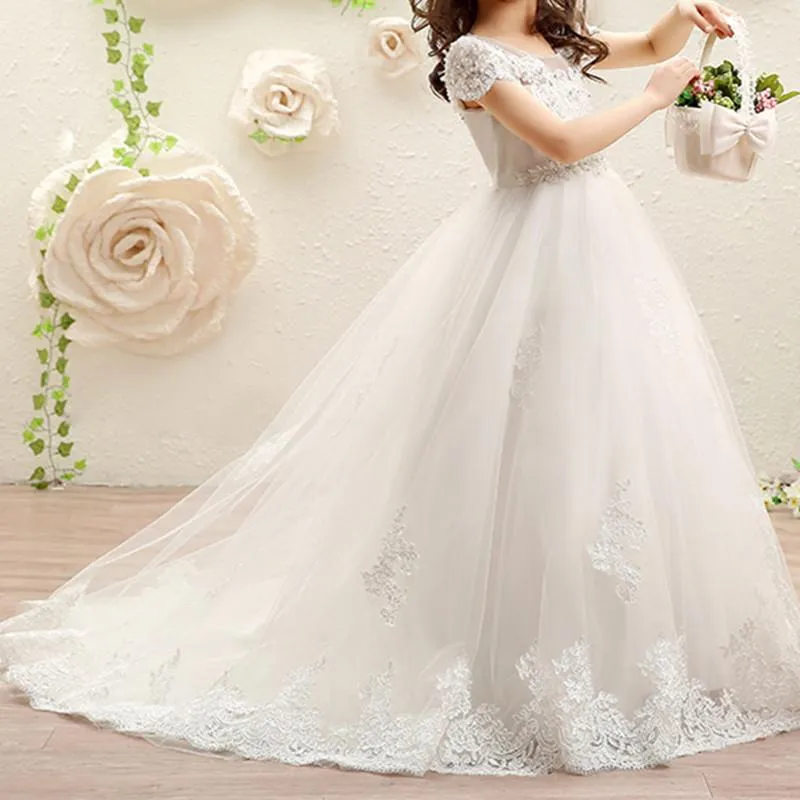 Amazon.com: Kibbih Princess Flower Girl Dress for Wedding Appliques Tulle  Short Sleeves Pageant Dresses Girls Ball Gown with Bow Champagne: Clothing,  Shoes & Jewelry