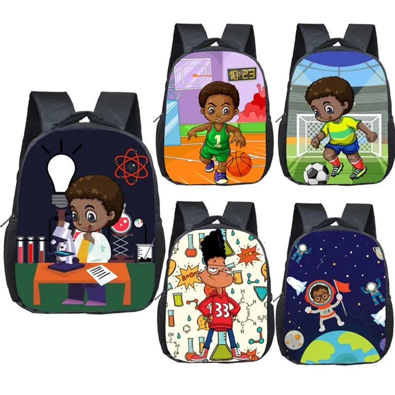 Cartone animato Africa American Boys Stampa Bambini Borse scolastiche Brown Afro Scienza Ragazzi Asilo Asilo Zaino Piccolo Borsa da Toddler Bookbag LJ201029