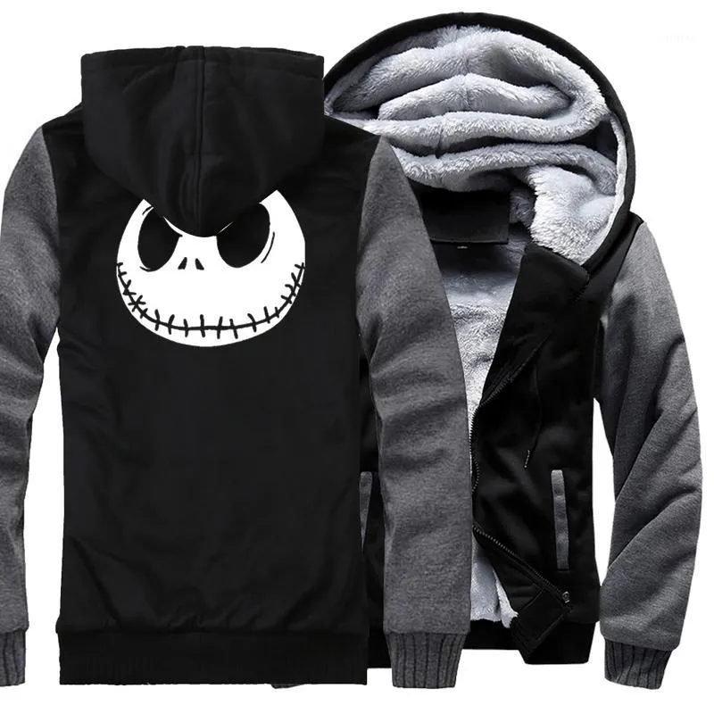 Herrtröjor tröjor gkgz vinter jack skellington ond ansikte tryck hip hop streetwear hoody tjocka män blixtlås jacka tröja droppe 1