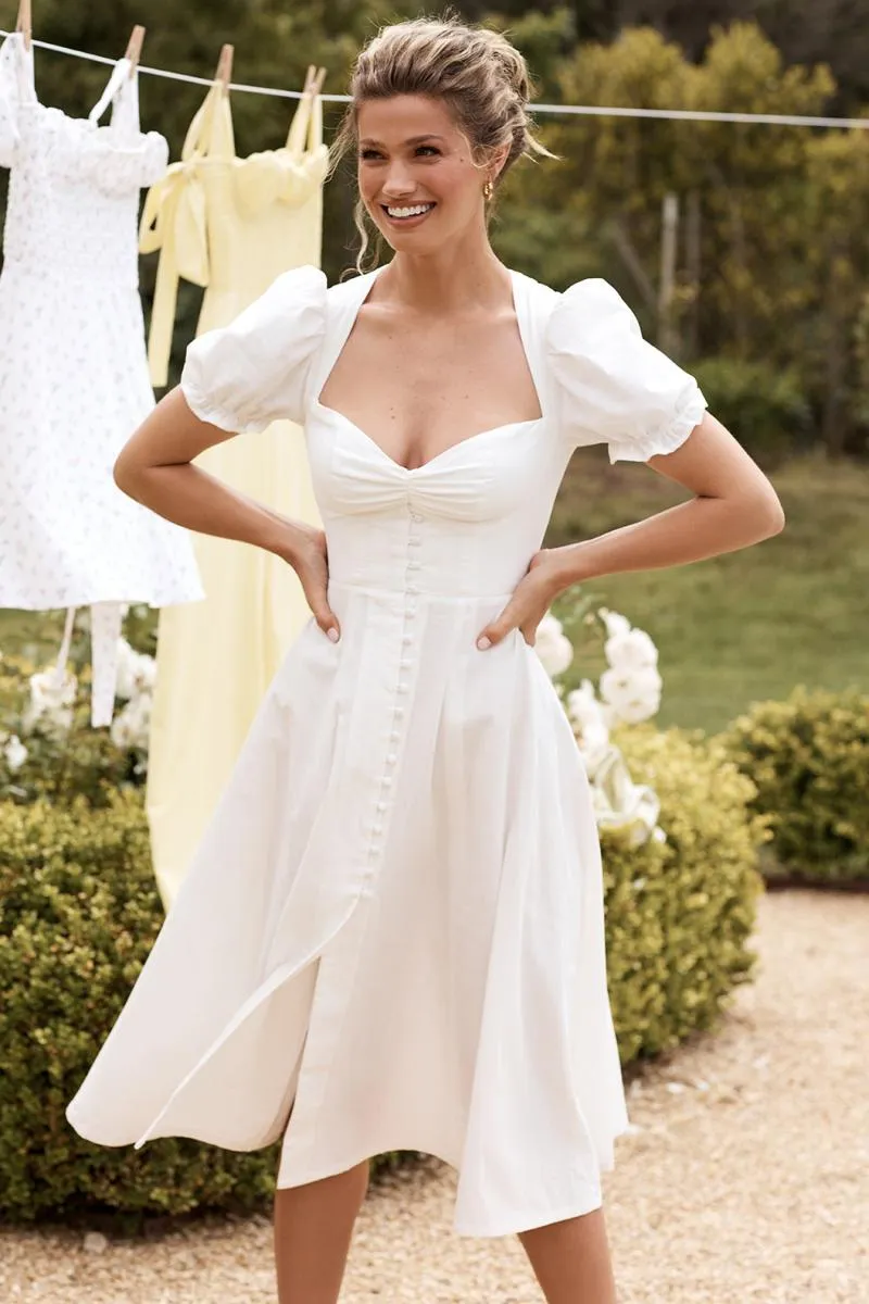 White Linen Blend Puff Sleeve Midi Sundress with Square Collar and Button  Decoration from Dhgate Basic & Casual Dresses - price 52.75