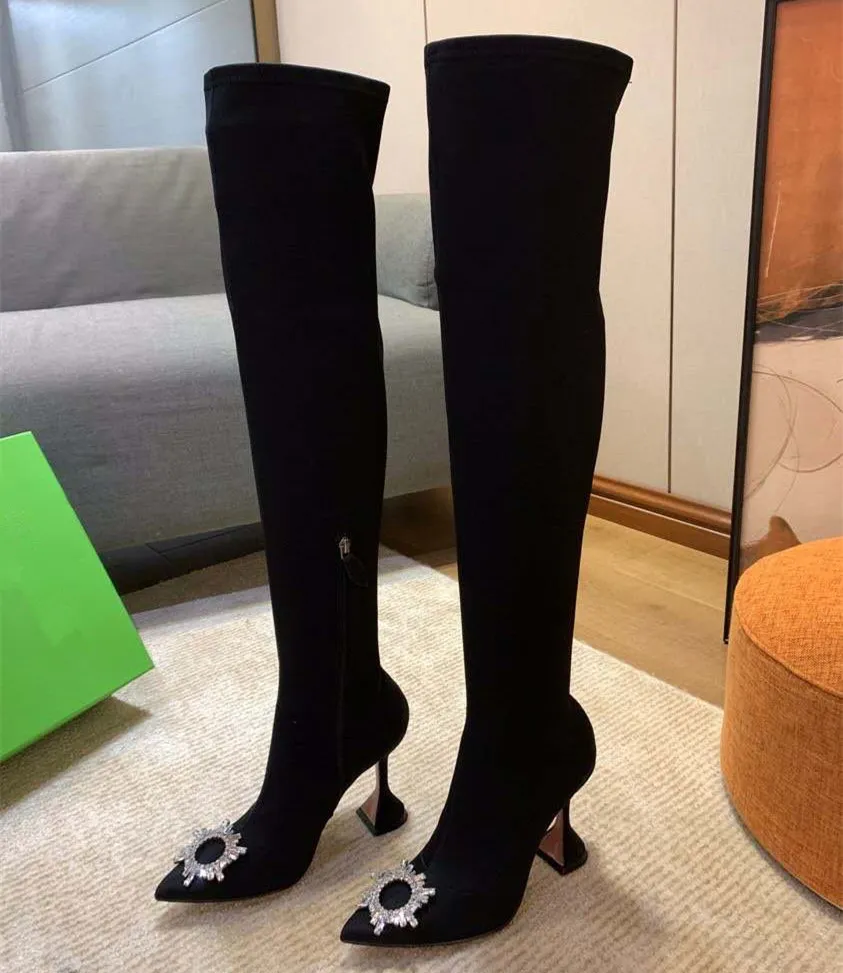 New Sexy Crystal Collar Over the Knee Thigh High Boots Women Pointy Pink Black Suede Cup High Heels Long Boots Party Shoes Woman