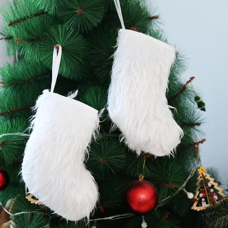 Christmas Socks White Long Plush Stock Kids Gifts Bags Christmas Tree Hanging Pendants Retro Santa Lovely Christmas Socks Ornaments YW21