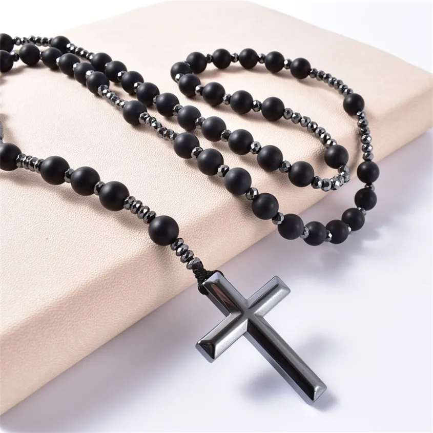 Natürlicher Stein Frosted Black Onyx Katholische Rosary Halsketten mit Hämatit Kreuz Anhänger Männer Halskette Meditation Schmuck 220222
