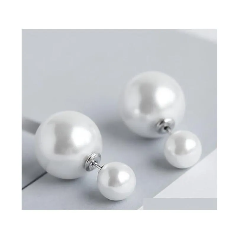 fashion korean style two sided white pearl imitation pearls studs for women boutique classic double sides pearl stud earrings