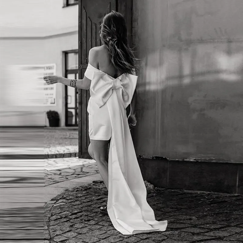 short wedding dress big bow Bohemian Off-Shoulder romantic sheath wedding dresses with Big Bow Back